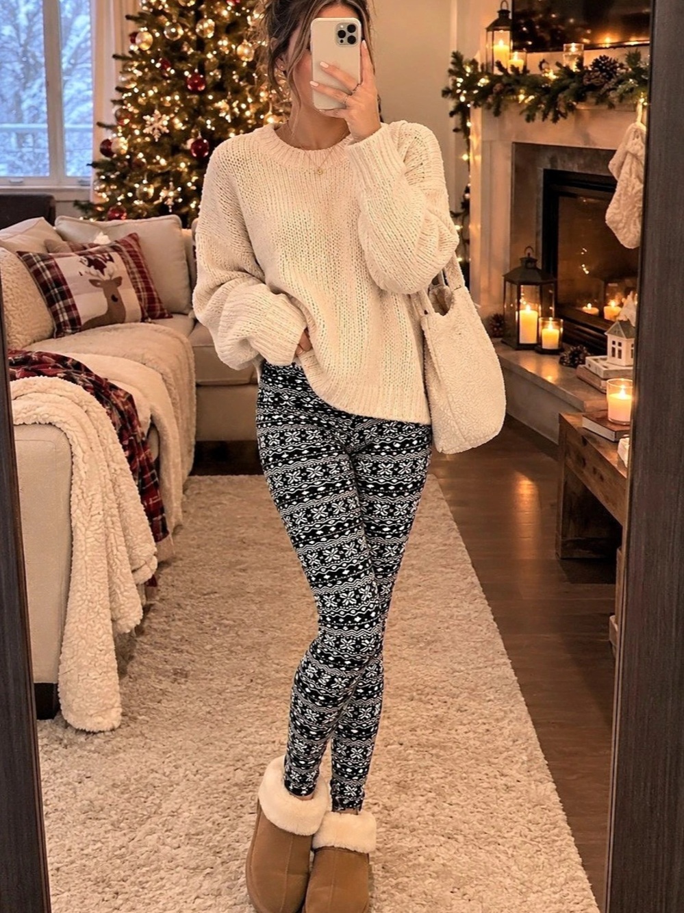 Cozy Nordic Fair Isle Snowflake Print Leggings Grey White